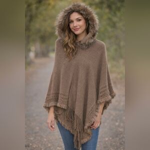 Elegant Tan Hooded Poncho with Fringe